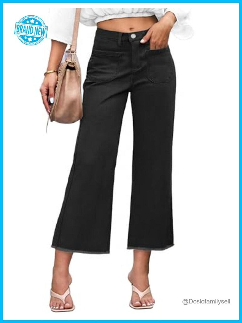 High Waist Cropped Wide Leg Flare Capri Jeans Raw Hem Stretch Denim